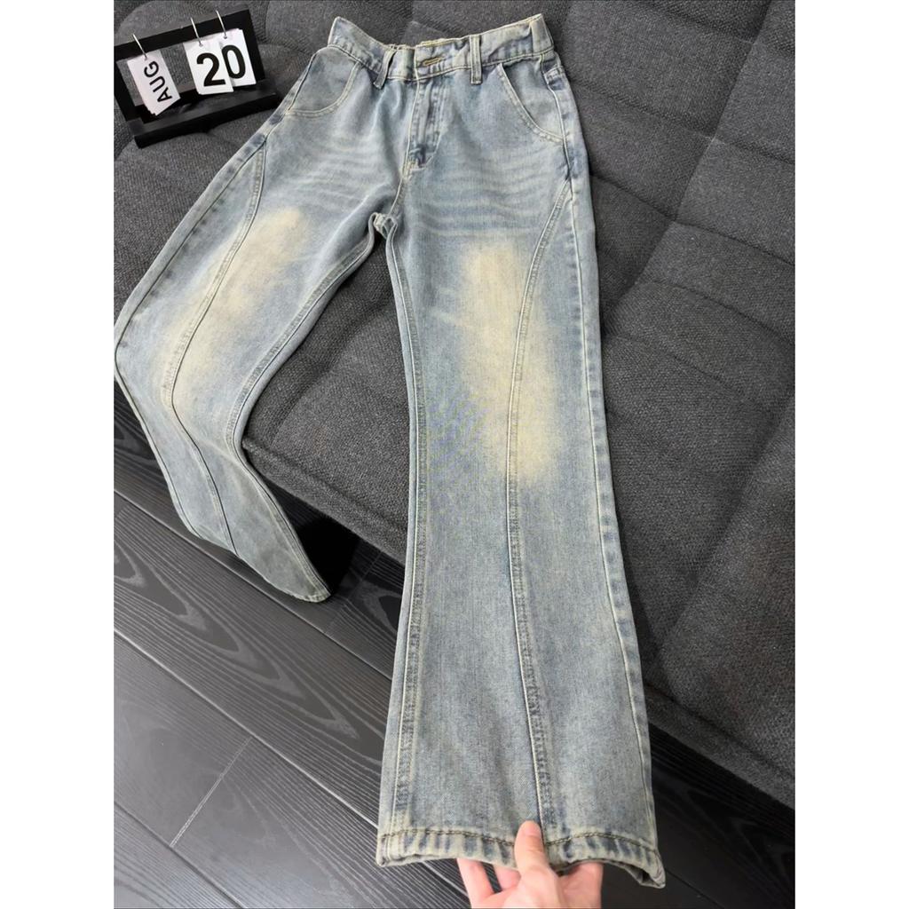Vintage Blue Miter Tooling Jeans Men's American High Street Vibe Legs Long Pants Straight Slim-fitting Micro-pull Pants