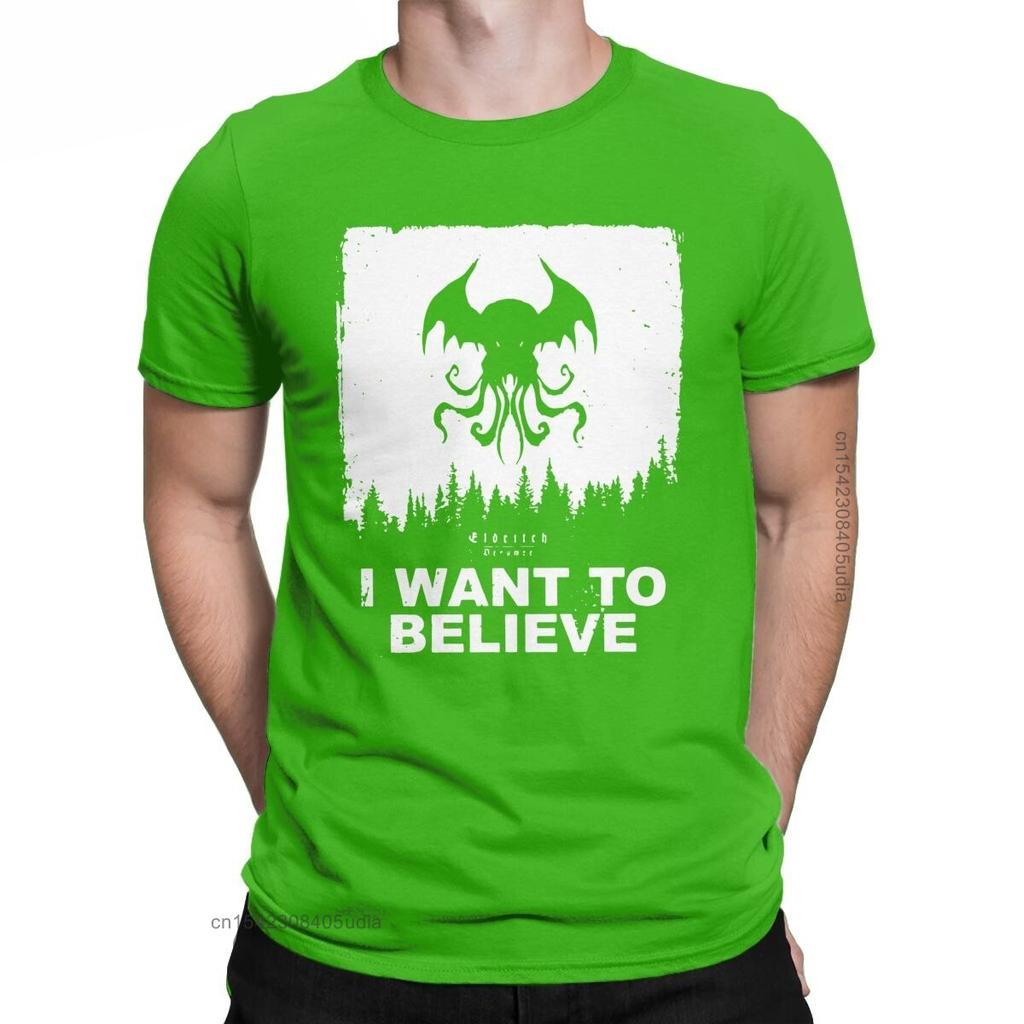 Novelty I Want To Believe In Cthulhu Eldritch Dreamer T-Shirt Men Crew Neck Cotton T Shirt Lovecraft Short Sleeve Tee Shirt