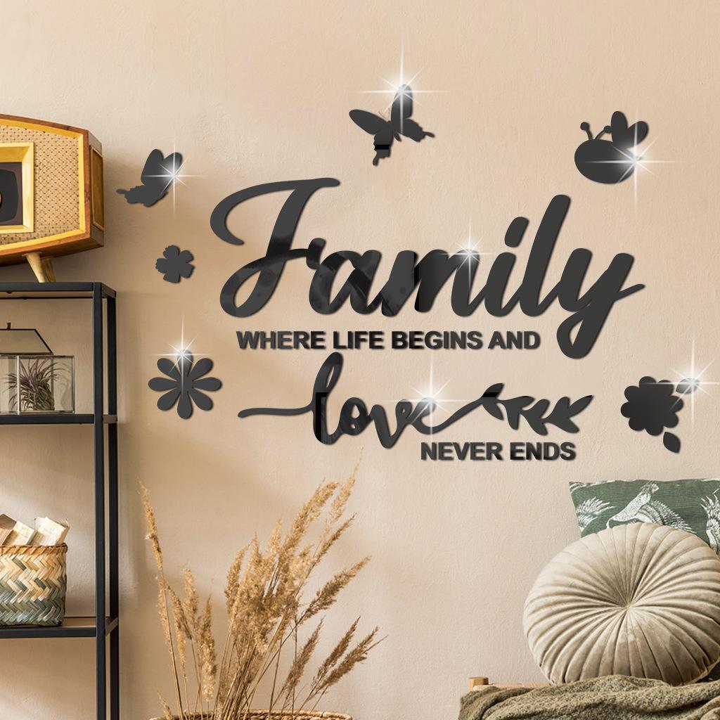 Family Letter Mirror Wall Stickers 3D Acrylic Wall Decal DIY Removable Wall Art Decor Butterfly Mural Stickers for Home Decor