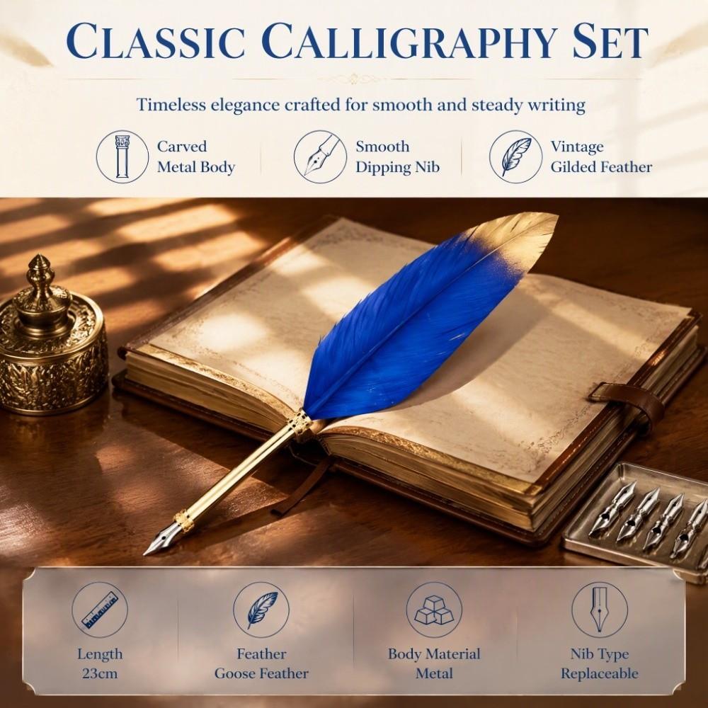 24cm/9.4in Calligraphic Pen Set Blue Dip Pen Set Replacement Feather Pen Kit Calligraphy Practice