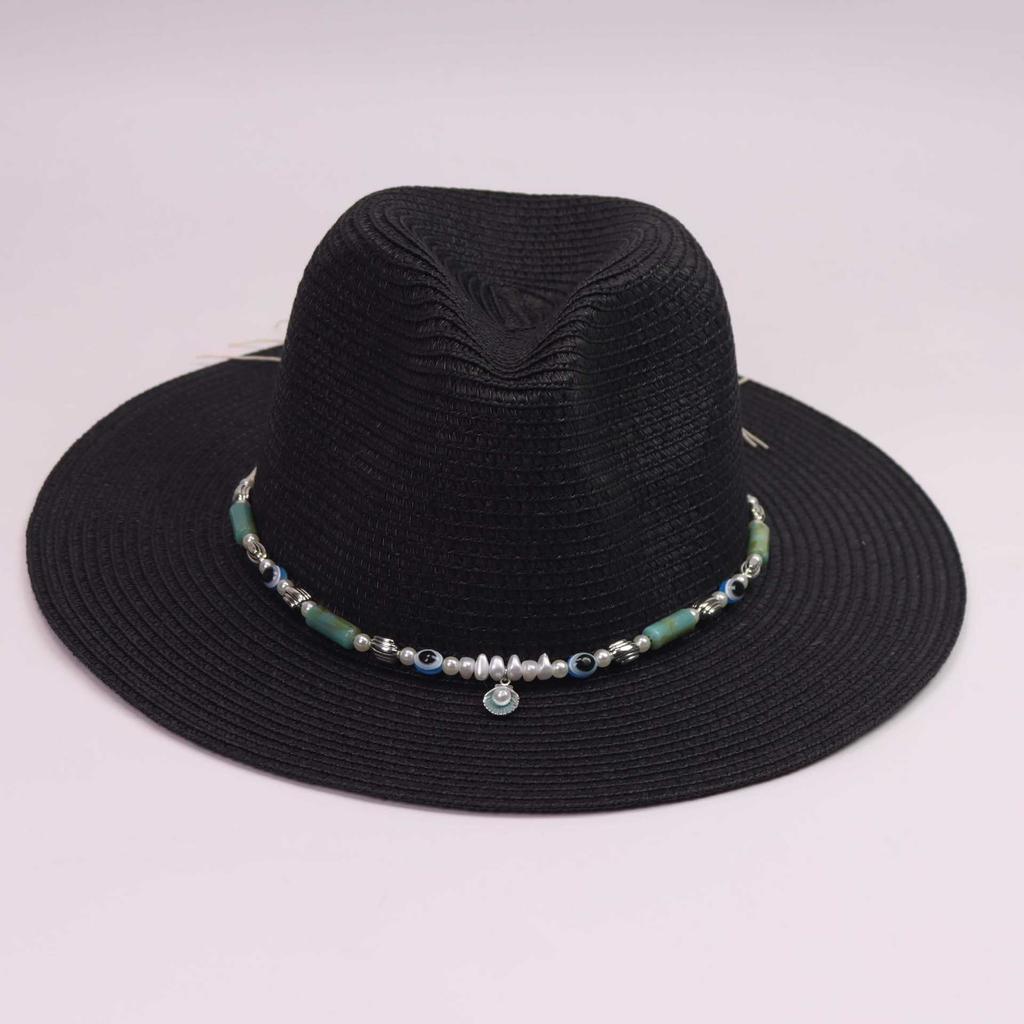 New straw hat men's and women's travel beaded western cowboy hat sunshade sunscreen breathable vacation Panama straw hat