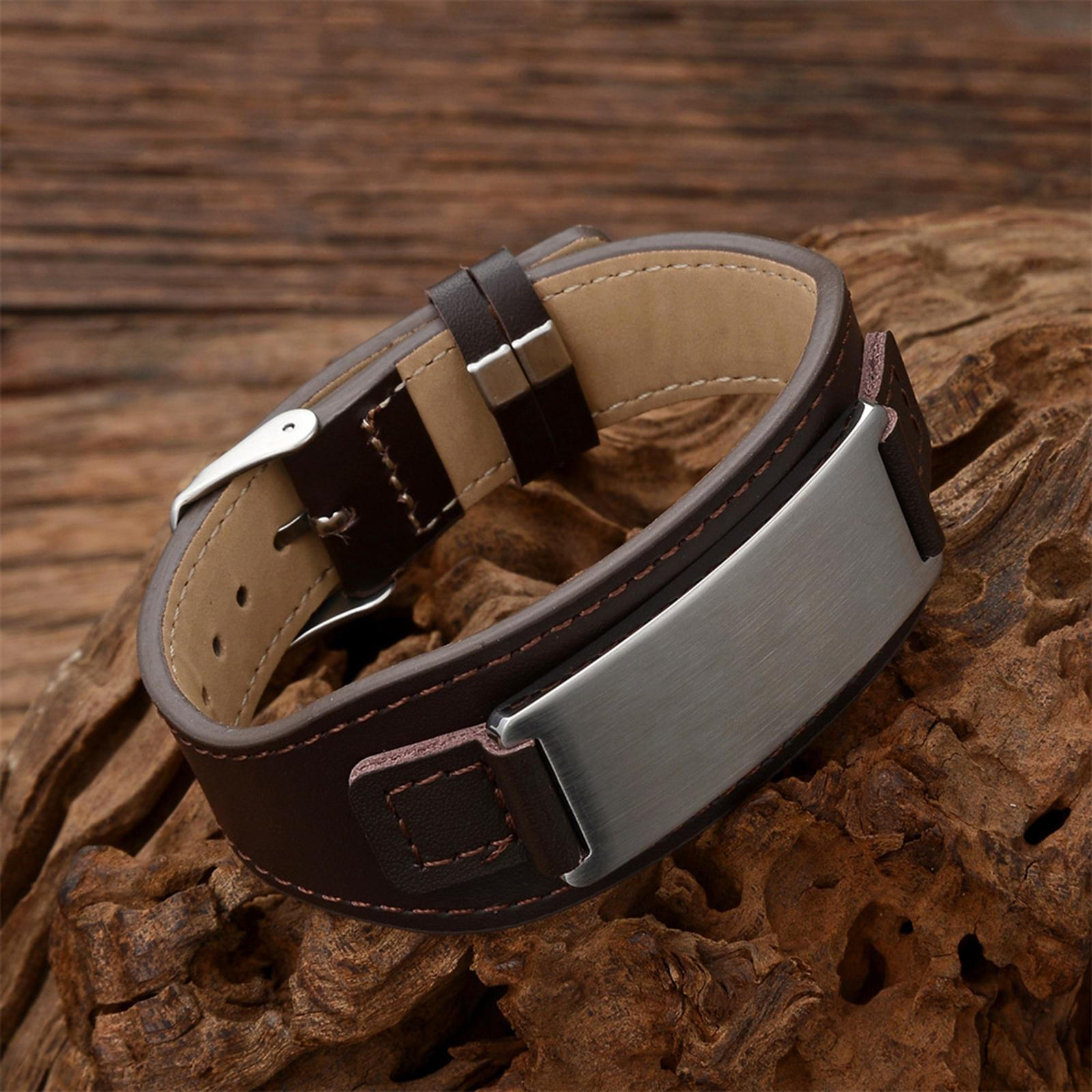 

Кожаный браслет-манжета с выгравированным именем, минимализм, застежка из нержавеющей стали, ювелирные изделия для дедушек и мужчин коричневый