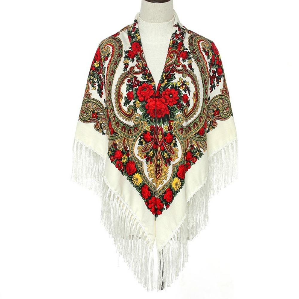 Polyester Russian Square Scarf Tassel Trim Floral Print Scarf Tassel Shawls Outdoor Activities