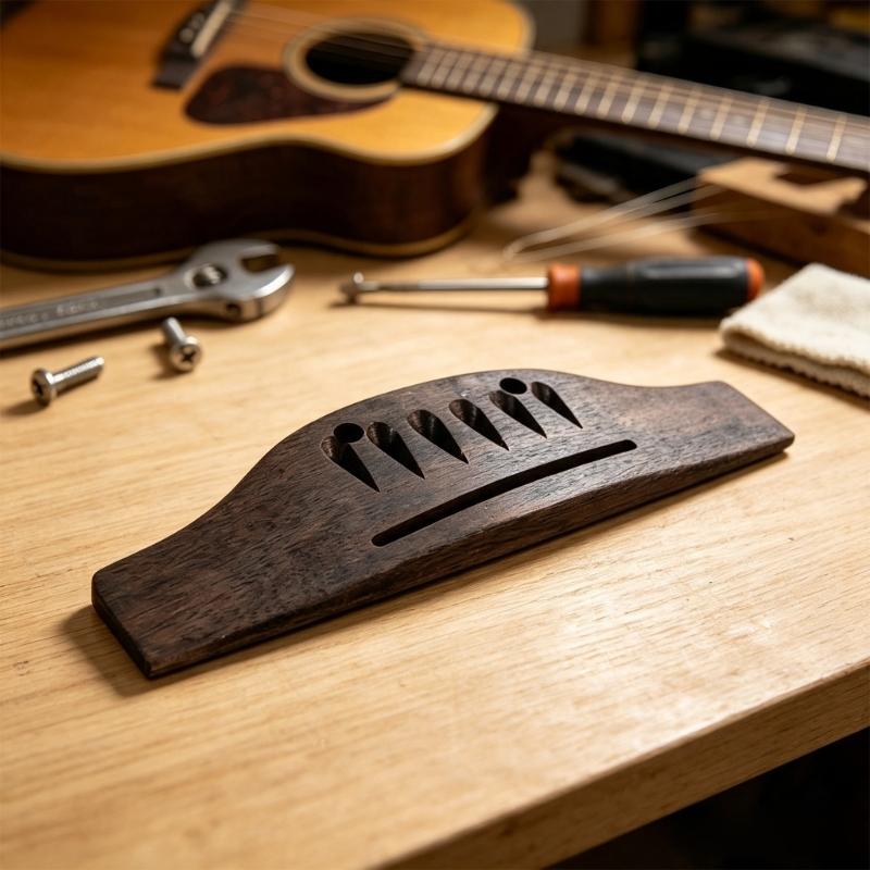 Ebony Wood 6 String Guitar Bridge Replacement Part with Drop Shaped String Holes and Long Bridge Slot for Guitar Repair Maintenance