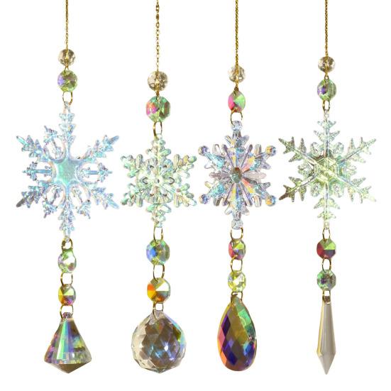 4Pcs/Sets Snowflake Faux Crystal Sun Catcher Decoration Indoor Outdoor Garden Window Hanging Prism Rainbow Maker Ornament Christmas Pendant