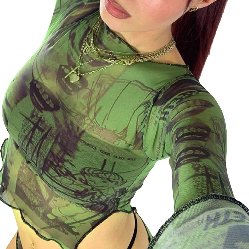 2023 Gothic Print Mesh T-shirt Sexy Hollow Out Long Sleeve Pullover Tee Y2K Fairy Grunge Vintage Women Fall Crop Top
