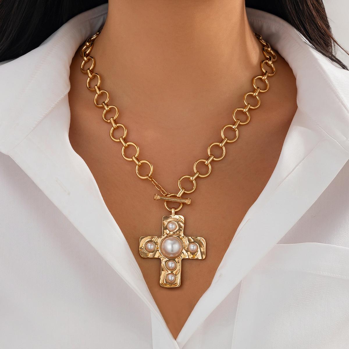 

Ingemark Creative Imitation Pearls Cross Pendant Choker Necklace for Women Trendy Retro Chunky Chain Men Steampunk Neck Jewelry