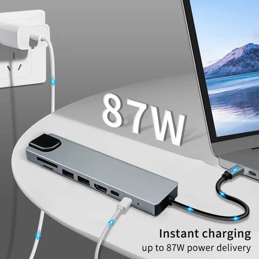 8 in 1 USB C HUB 4K HDMI 87W PD USB 3.0 2.0 Port Docking Station RJ45 SD/TF Card Reader for MacBook Notebook Laptop Computer