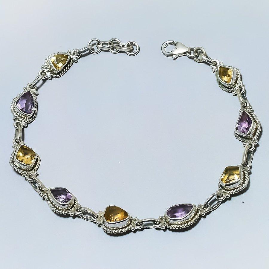 Natural Pink Amethyst,Citrine 925 Solid Sterling Silver Gift Bracelet 7-8" U5G15