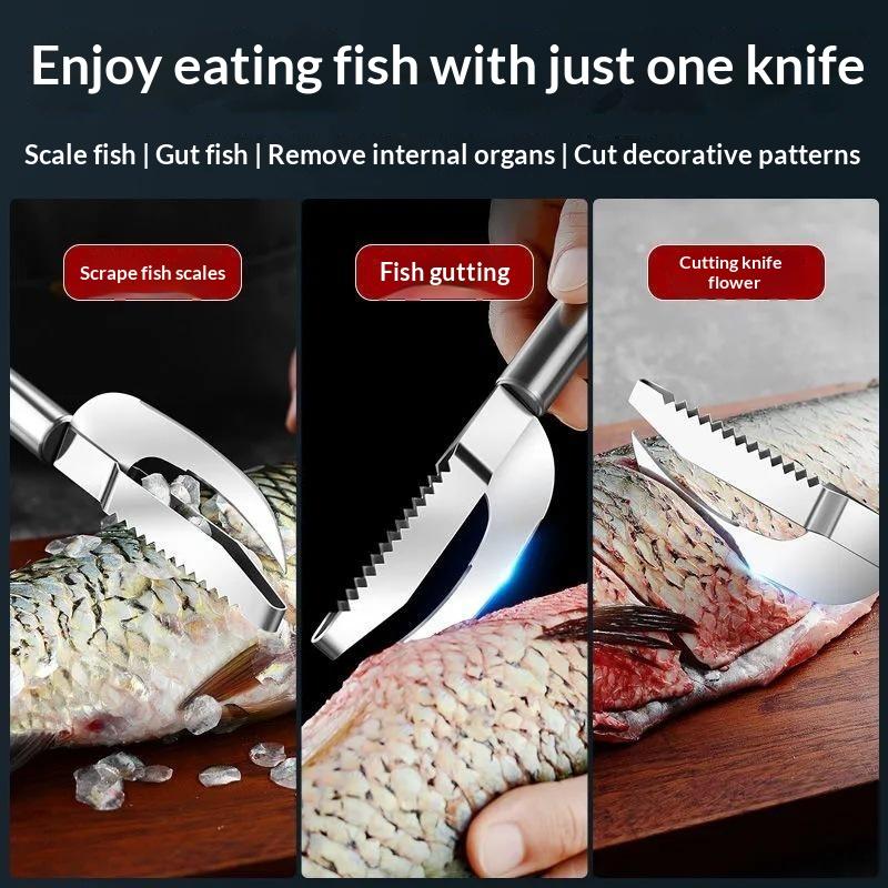 Edelstahl 3-in-1 Fischschuppenmesser Schneiden/Schaben/Ausweiden Mäulchenmesser Schuppenschaber Sägezahnschäler Schaben Ausbeinen Filetieren 1/2 Stück