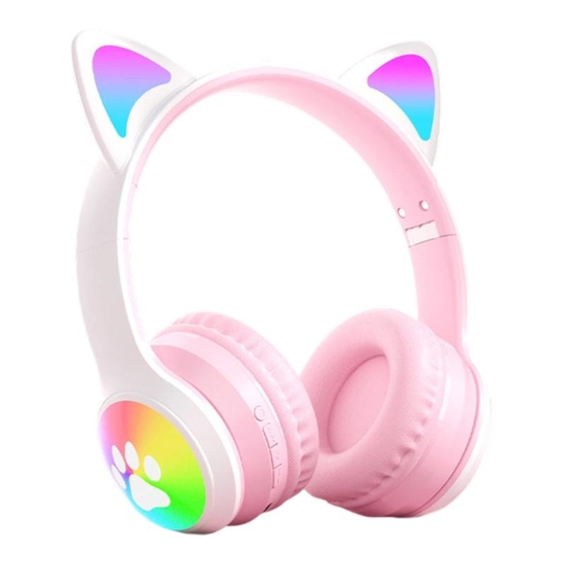 Active Noise Cancelling Wireless Bluetooth-compatible Cats  Ear Headphones Led Foldable Earphones TF Card Support