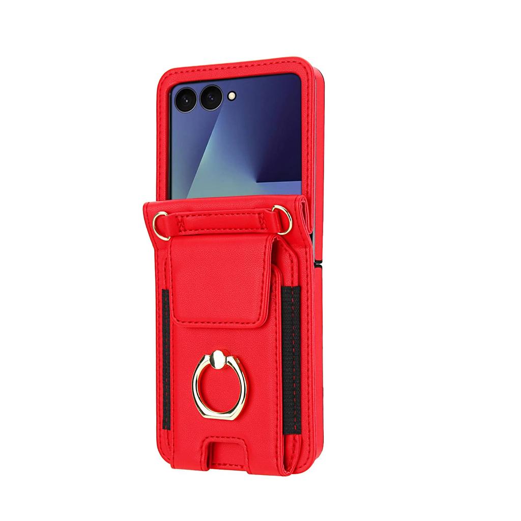 Crossbody Wallet Case for Samsung Galaxy Z Flip 7, with Finger Ring Holder, Wrist Strap, Multiple Card Slots, Stand Flip Cover