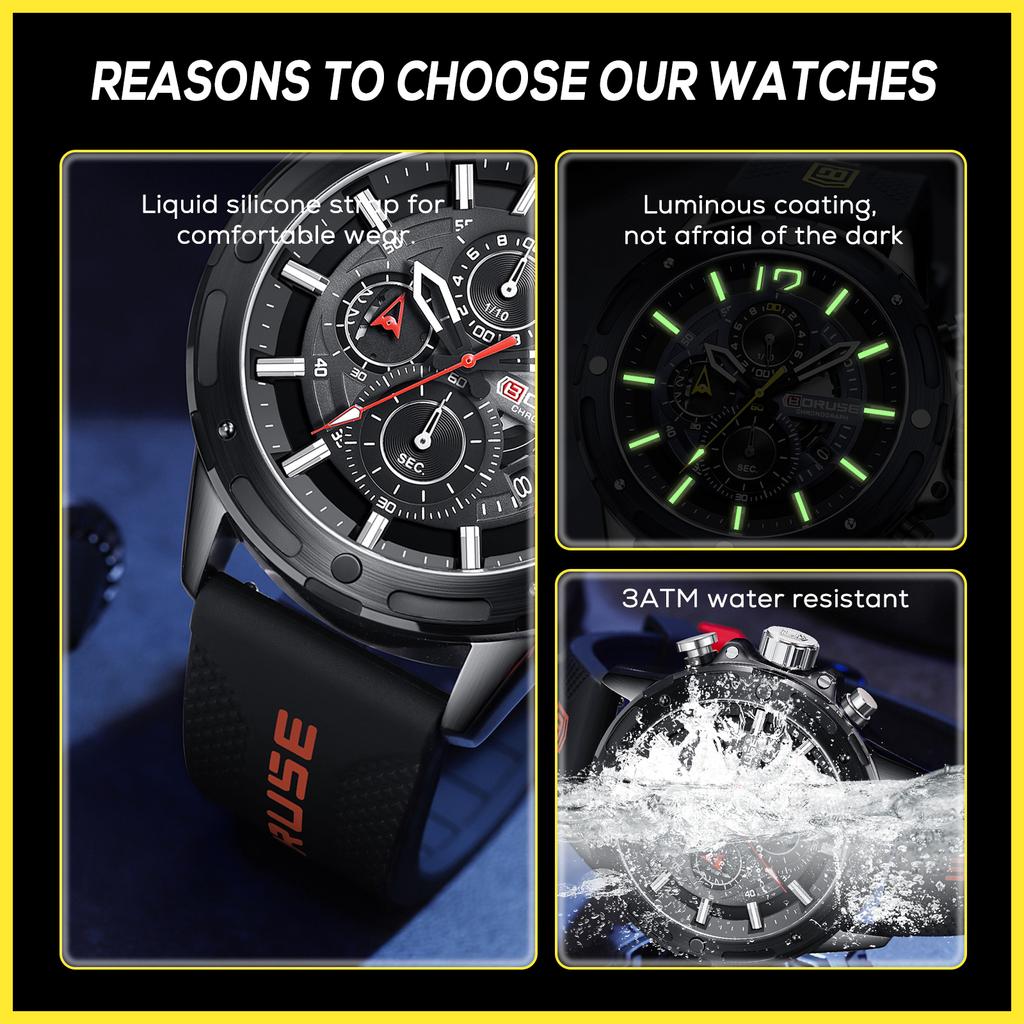 BORUSE Men's Quartz Watch Large dial Men's Watch Compass Shape Men's Watch Classic Business Watch Luminous Calendar Round men's watch Silicone strap