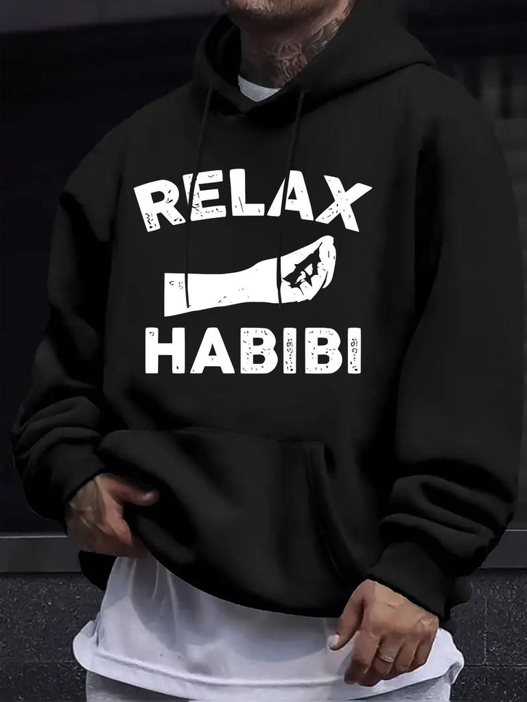 American Western Style unisex Autumn Winter Print Hooded Long Sleeve Sweatshirt, RELAX HABIBI Palm Easy Text Print Hoodie, Middle Eastern Exotic Gentl