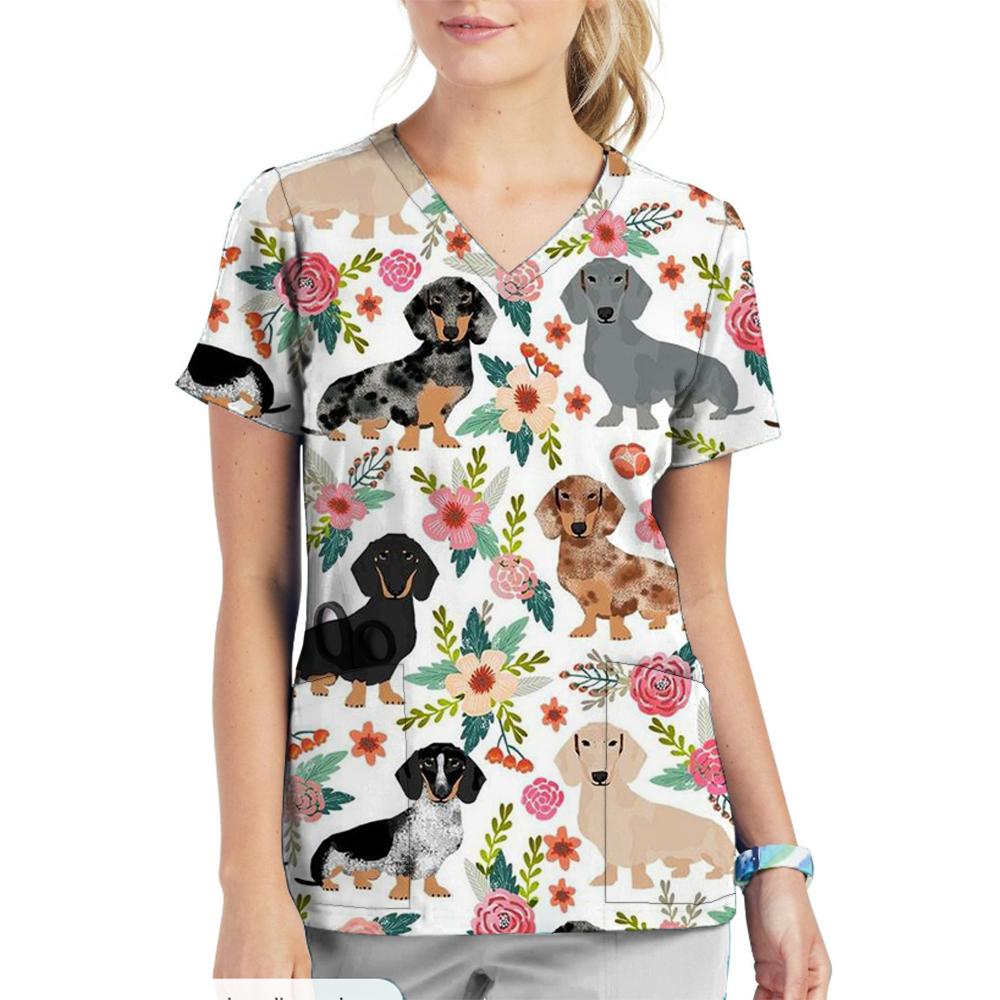 Krankenschwester Uniform V-Ausschnitt Cartoon Katze Hund Muster Bedruckte Oberteile Kurzarm Taschen Damen T-Shirts
