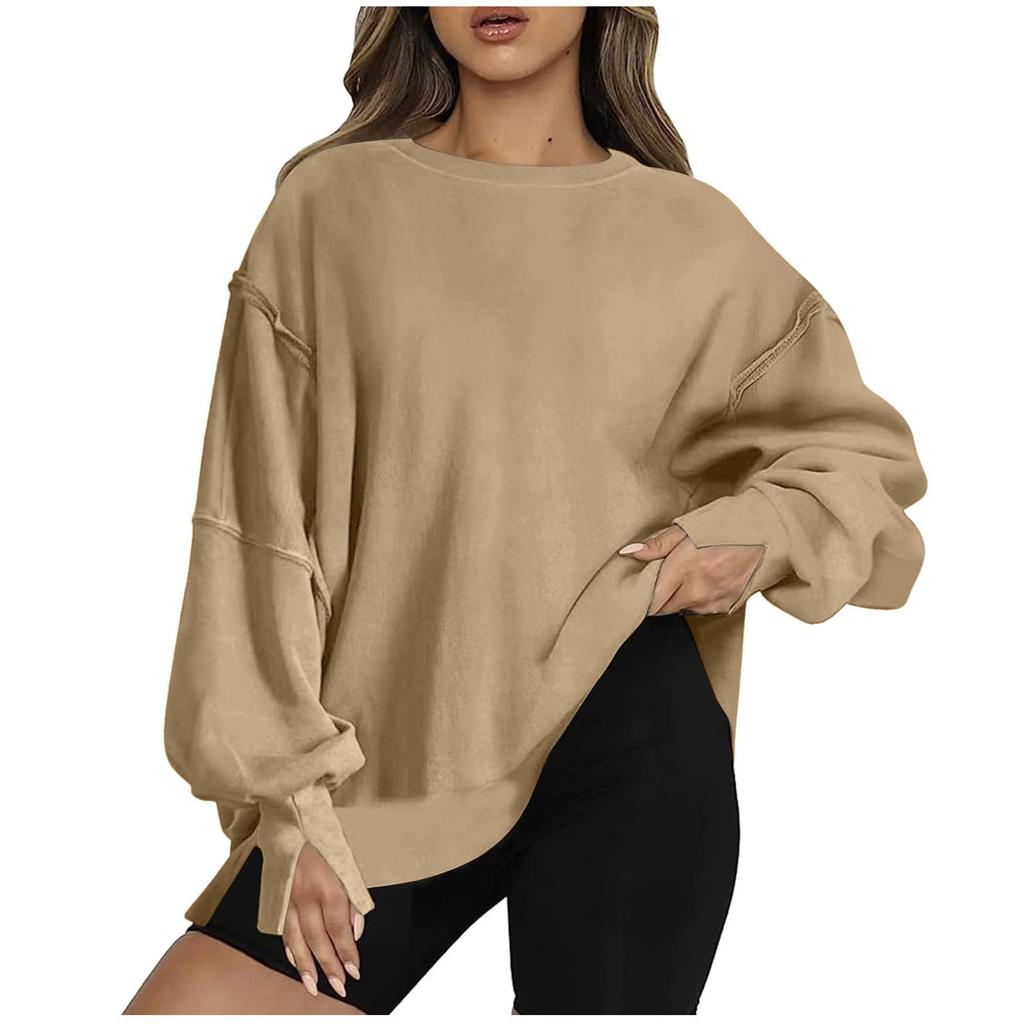 Sweatshirts For Women Oversized Long Sleeve Drop Shoulder Casual CrewNeck Split Hem Pullover Sweatshirts Tops
