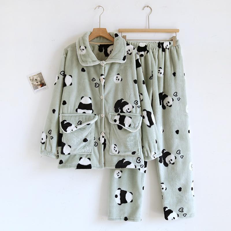 Sweet Bear Thicken Coral Velvet Pajamas Sets Women Fresh Winter Flannel Keep Warm Homewear Long-sleeved Sleepwear