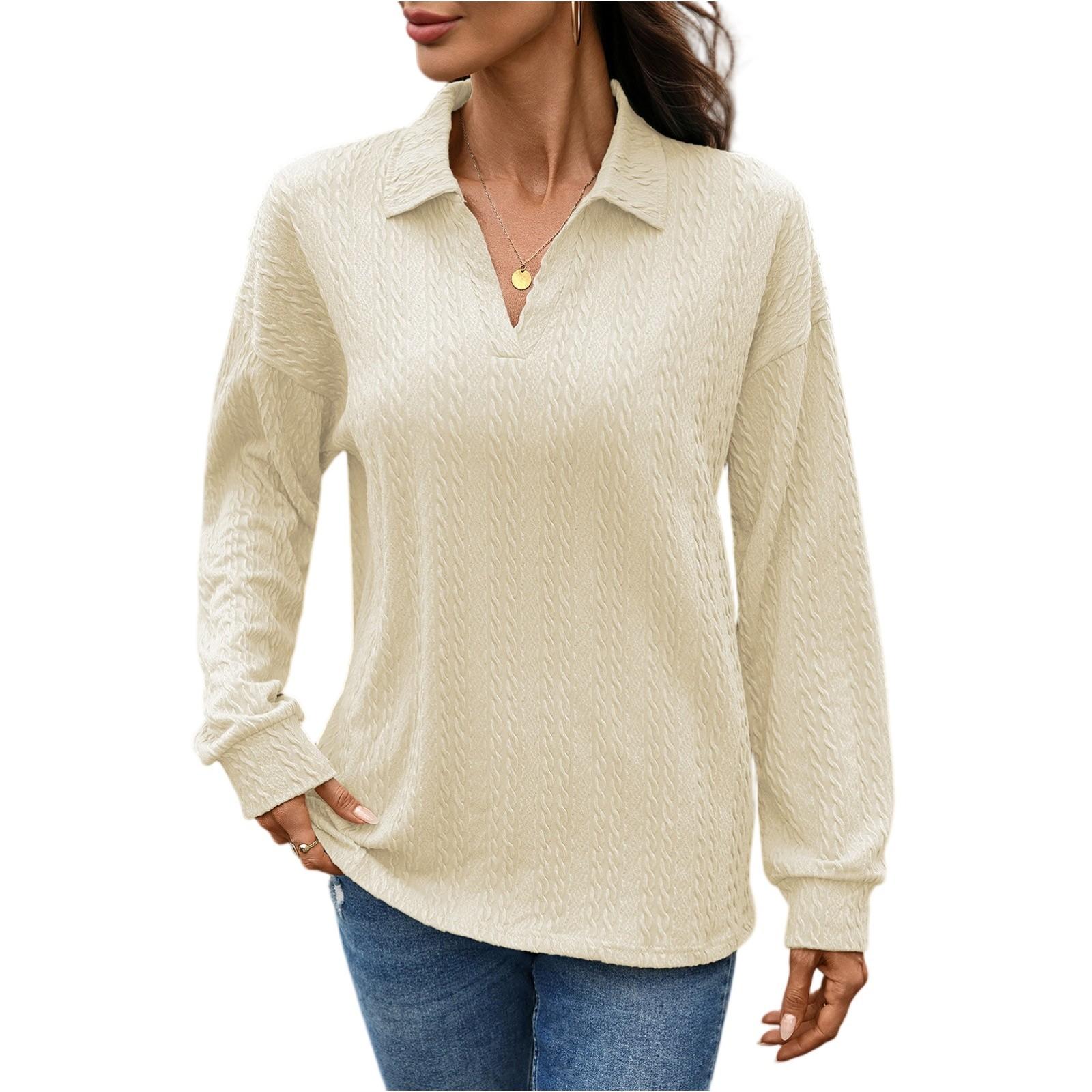 

Women s Fashion Casual Solid Color Lapel Loose Long Sleeve T-Shirt Top L бежевий