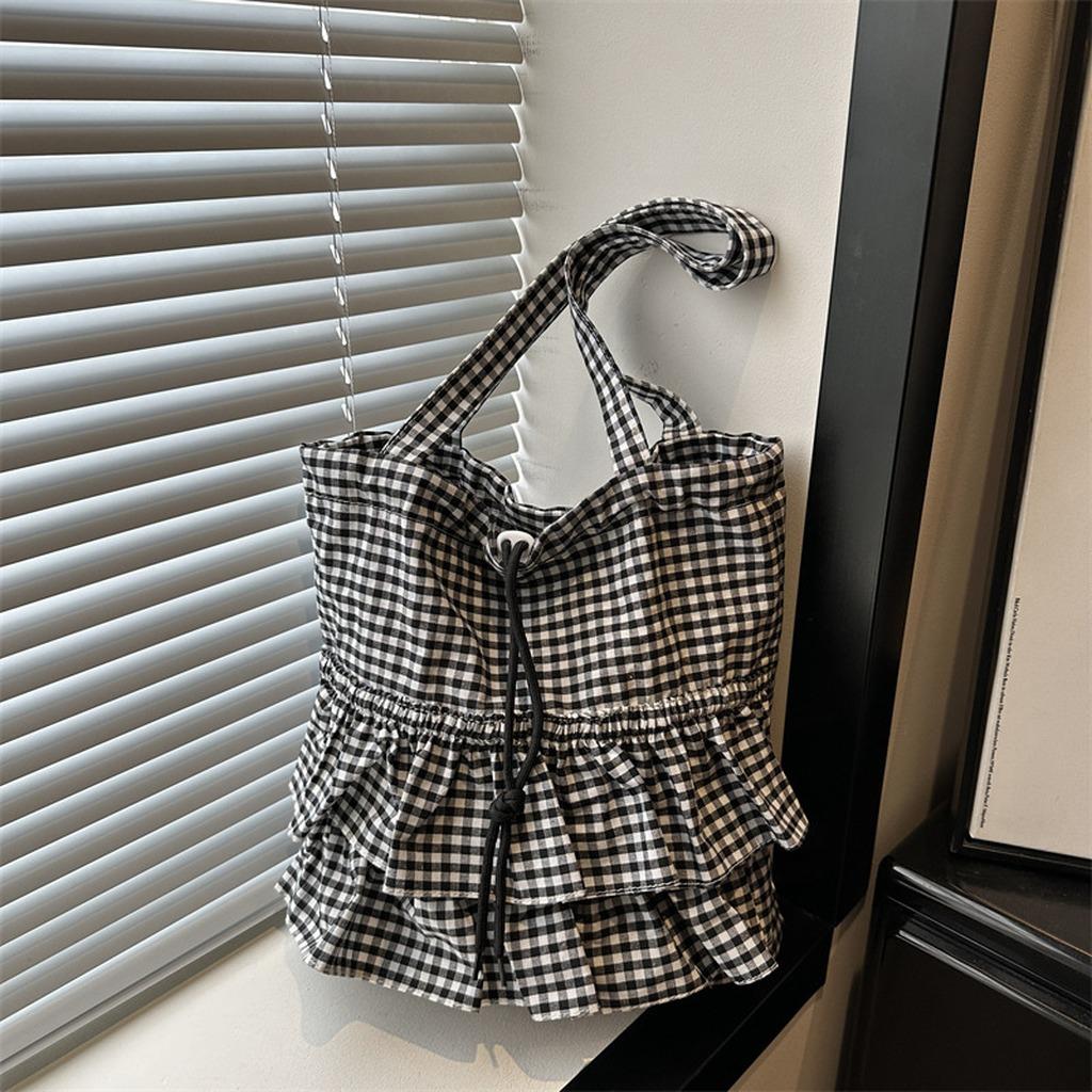 Check Pattern Tote Bag Lace Trim Street Daily Bag Multi-Way Shoulder Bag Large Capacity Large Capacity Handbag For Daily School