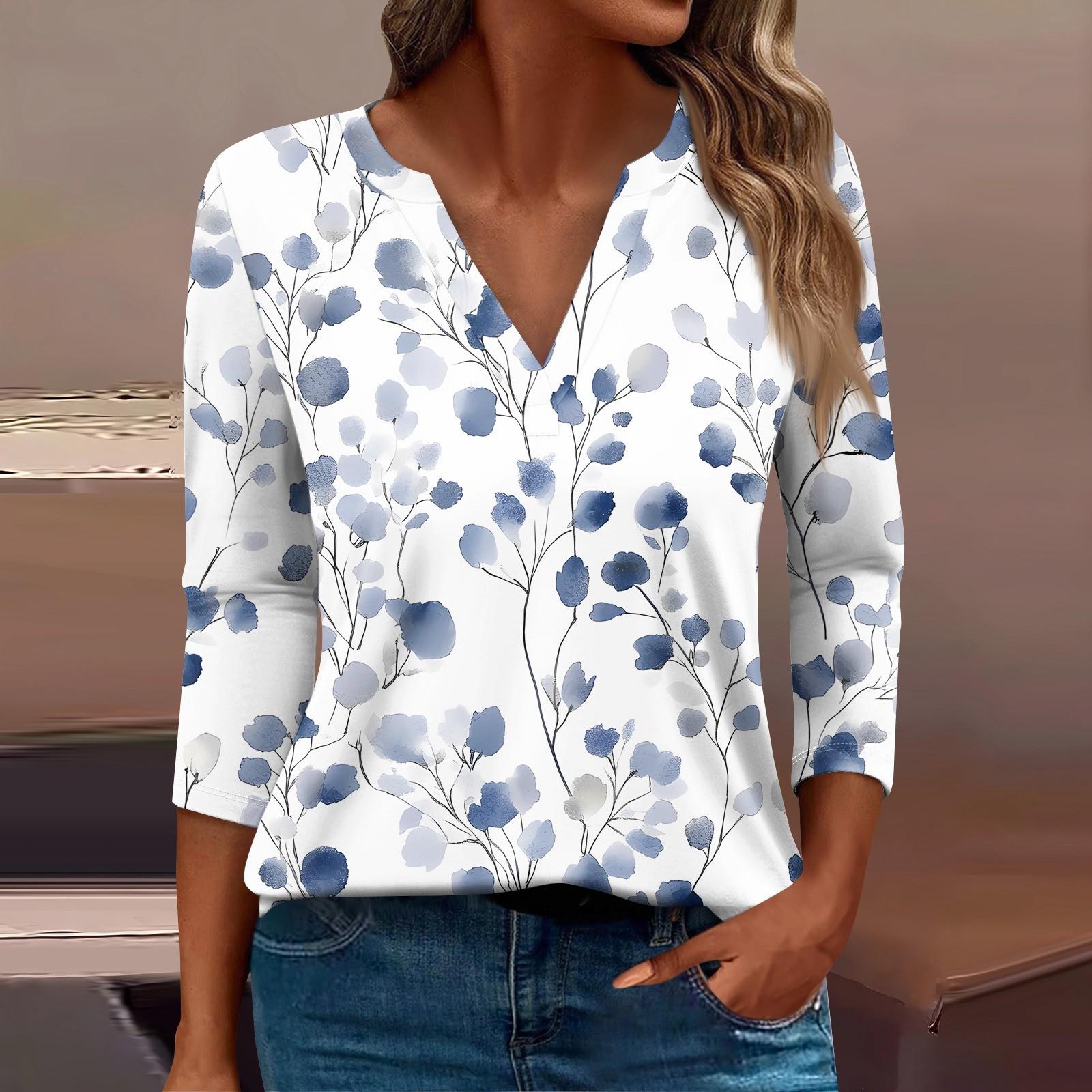 

Женская футболка Футболка с принтом Рукав 3/4 Повседневные Выходные Мода Базовый V-образный вырез Обычный топ XXL светло-синий