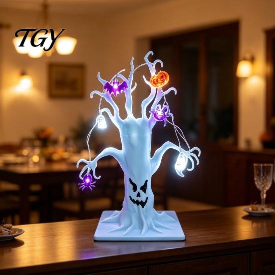 Halloween Themed Showcase Decor Lighted Spooky Dead Tree Tabletop Decor, Ghost Face Haunted Light Up for Party with Pumpkin Spider LED String Lights,