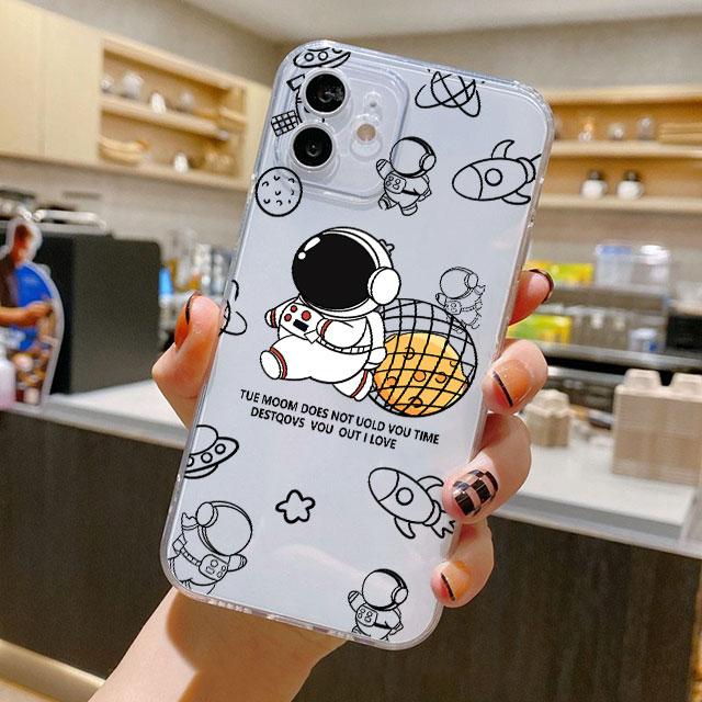 Urocze etui z kreskówkowym astronautą na iPhone 14 11 12 Pro 13 Pro Max XR XS X 6s 7 8 Plus SE 2020 13 Mini Luksusowe Przezroczyste Etui Odporne na Wstrząsy