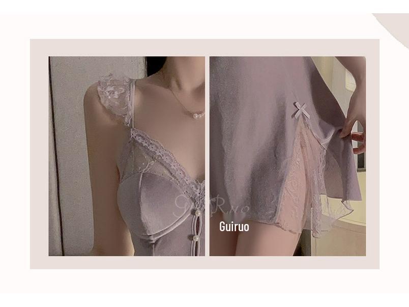 Gorgeous Lace See-Through Deep V Velvet Nightgown & Robe Set with Padding - Sweet Temptation 3908