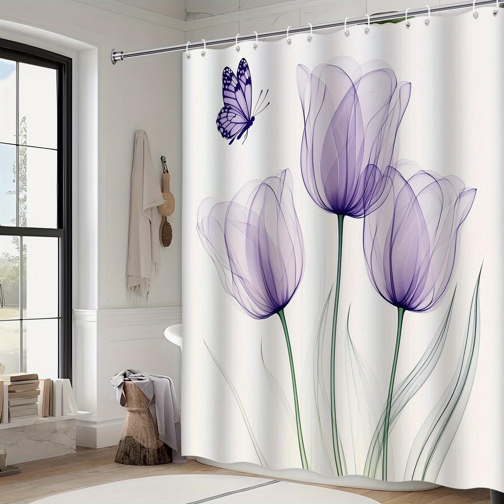 Ethereal Lavender Tulip Shower Curtain - Butterfly Design, Semi-Transparent Petals, Green Stems, Machine Washable