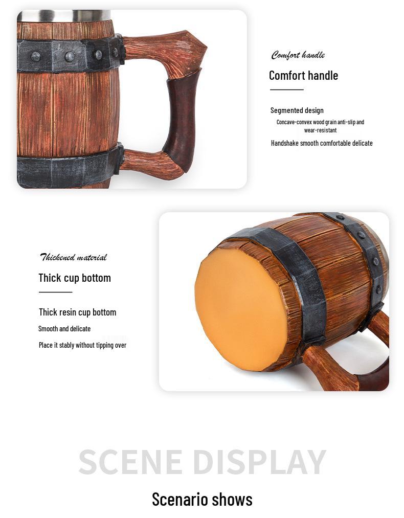 Handcrafted Wooden-Style Barrel Beer Mug with Stainless Steel Lining – Large Capacity