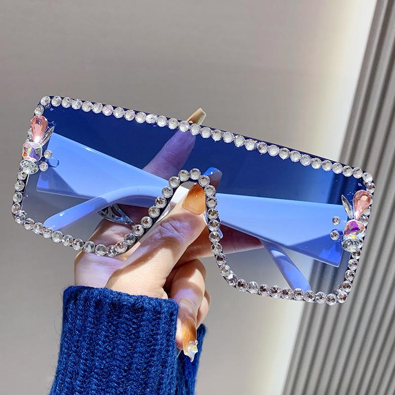 Large Frame Diamond-Encrusted Sunglasses, Women'S Anti-Ultraviolet Glasses, One-Piece Windproof Cycling Sunglasses, Rhinestone Glasses