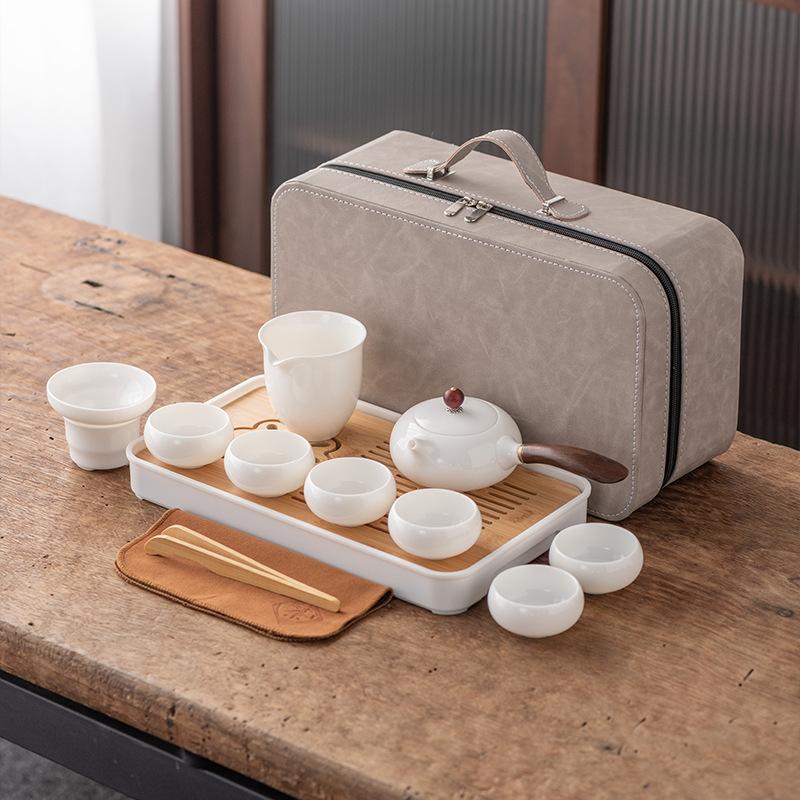 Suet Jade Porcelain Travel Kung Fu Tea Set Portable Kuaike Teapot Teacup Tea Tray Bank Business Holiday Gifts