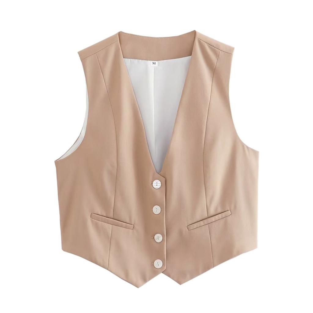 Dames Retro Ensfarget Godterifarge V-hals Kort Dressvest