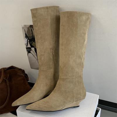 Fashion Eilyken Autumn Winter Vintage Design Pointed Toe Knee High Boots Women Wedges Heels Female Long Booties Zapatos De Muje