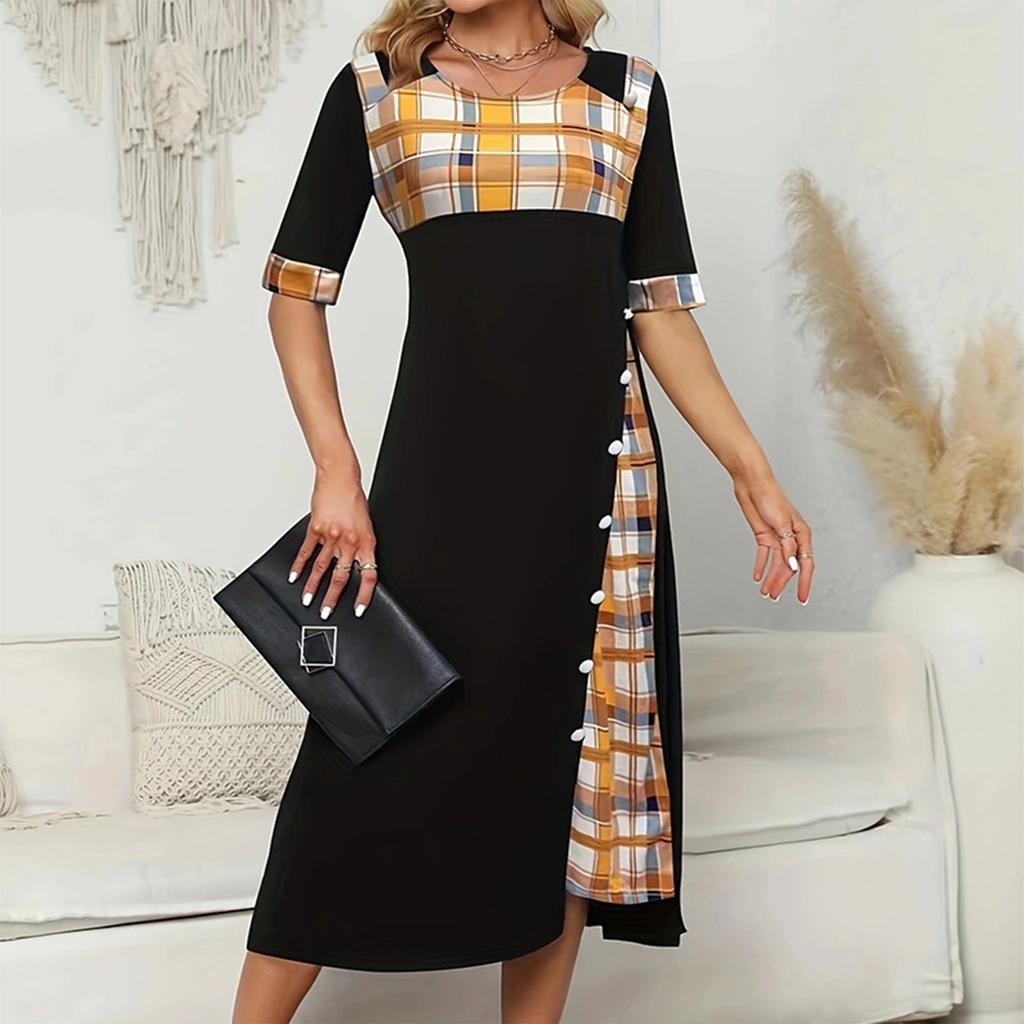 Women's Summer Round Neck Half Sleeve Irregular Printed Casual Long Skirt