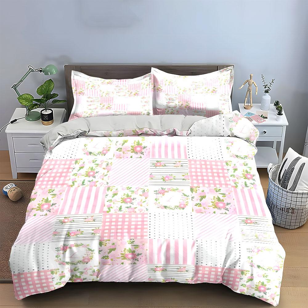 Pink Floral Patchwork Bedding Set 3PCS Sweet Pastoral Style Duvet Cover Pillowcases Soft Polyester Bed Linen for Girls Bedroom