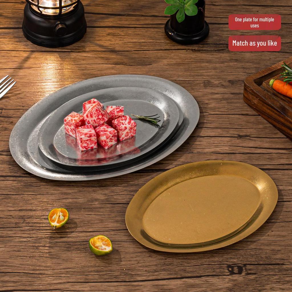 Japanese Retro 304 Stainless Steel Egg-Shaped Antique Oval Plate for BBQ and Cafes