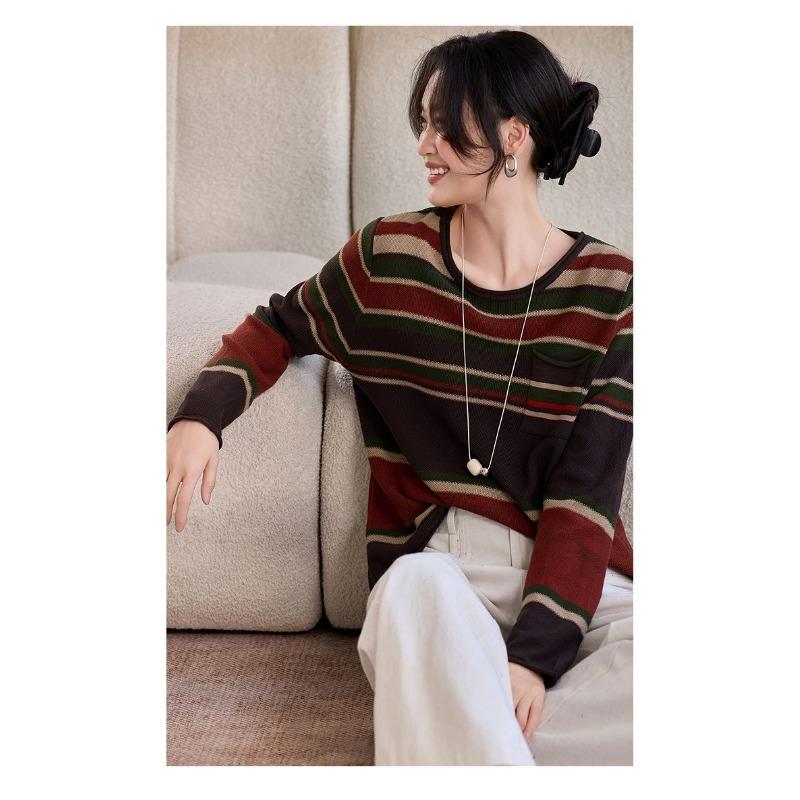 Counter High-end Cotton Yarn Original Large Size Sweater Women's Loose Striped Round Neck Long-sleeved Wool Sweater Top