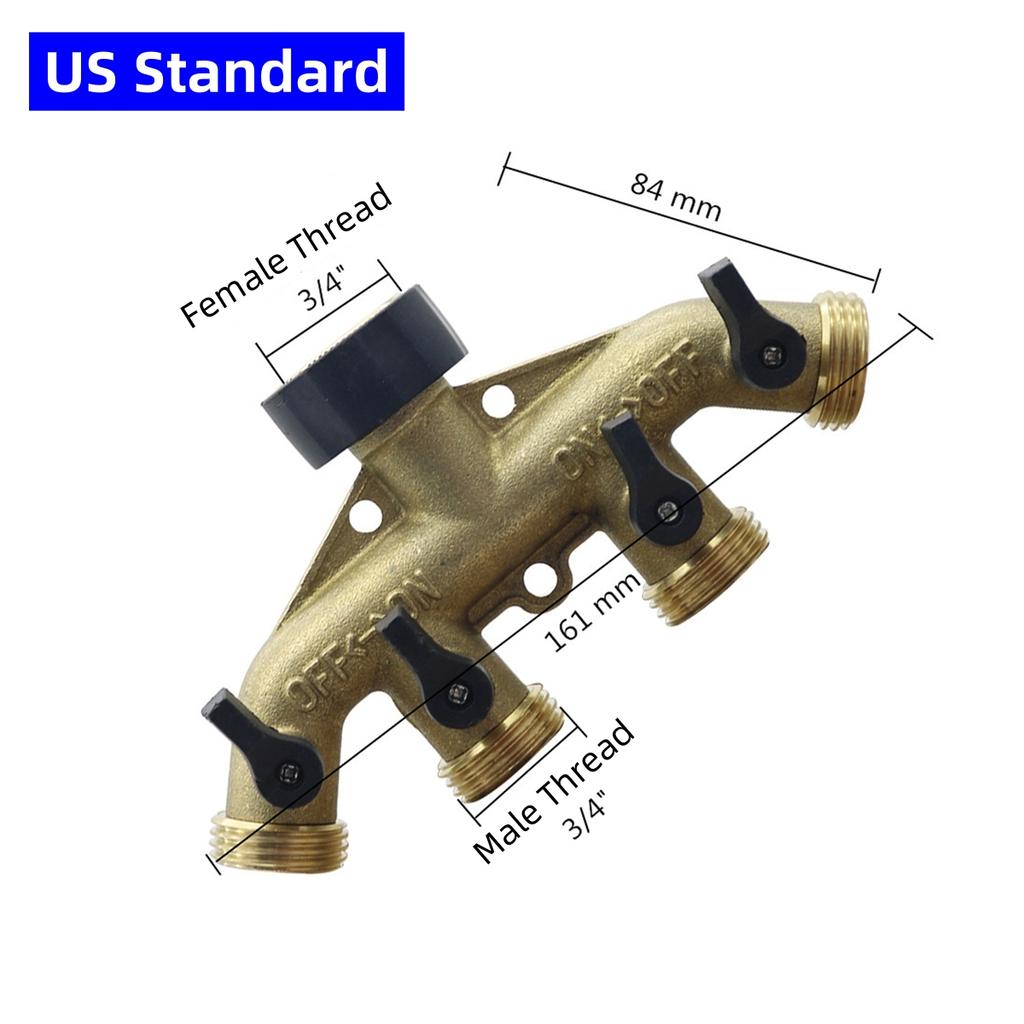 Brass EU/US 3/4" Female/Male Thread 4-Way Water Splitter With Valve Garden Irrigation Multi-Way Joint Tap Pipe Nipple Connector