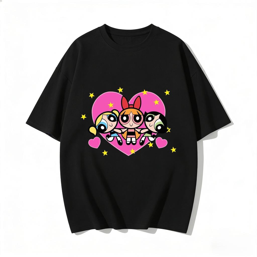 2026 Sommer Niedliche Powerpuff Girls Familien-Matching T-Shirts Cartoon-Druck Baumwoll-T-Shirts Lässige Kurzarm-Oberteile für Kinder und Erwachsene