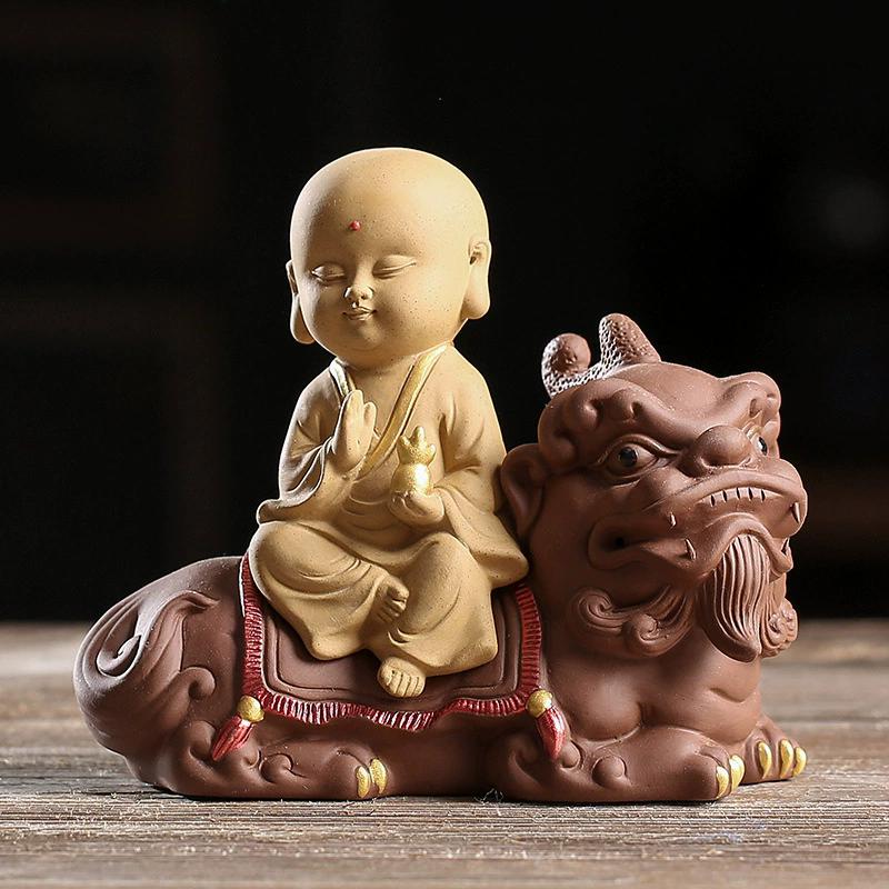 

Zisha Clay Three Saints Statue - Zen Buddha Figurine for Tea Room Altar, Wealth Feng Shui Office Decor, Chinese Ceramic Art