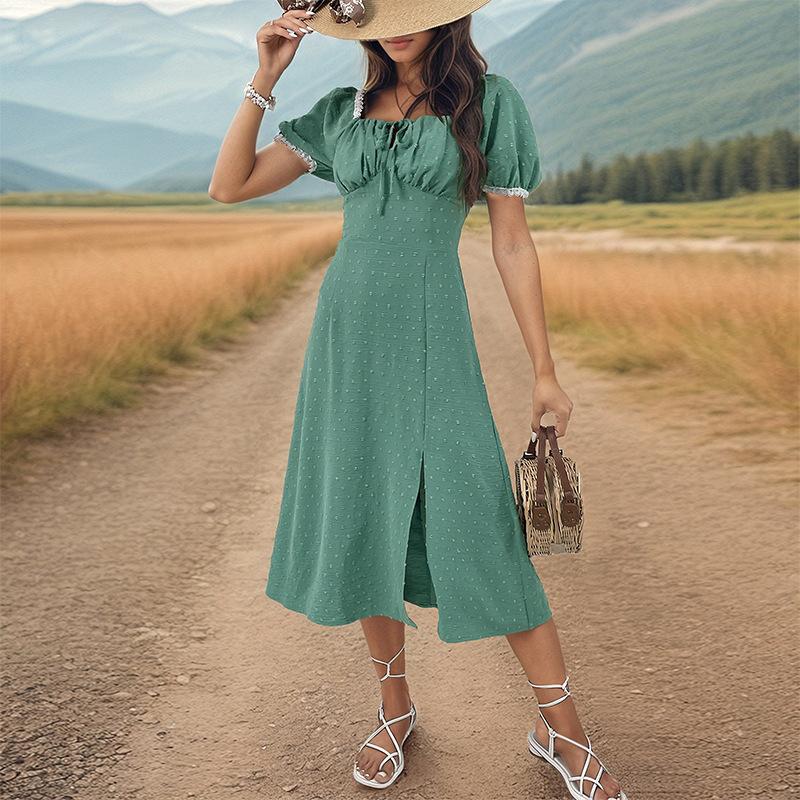 

Летнее платье, женские кружевные лоскутные платья, платья трапециевидной формы с квадратным вырезом и разрезом XL зелёный