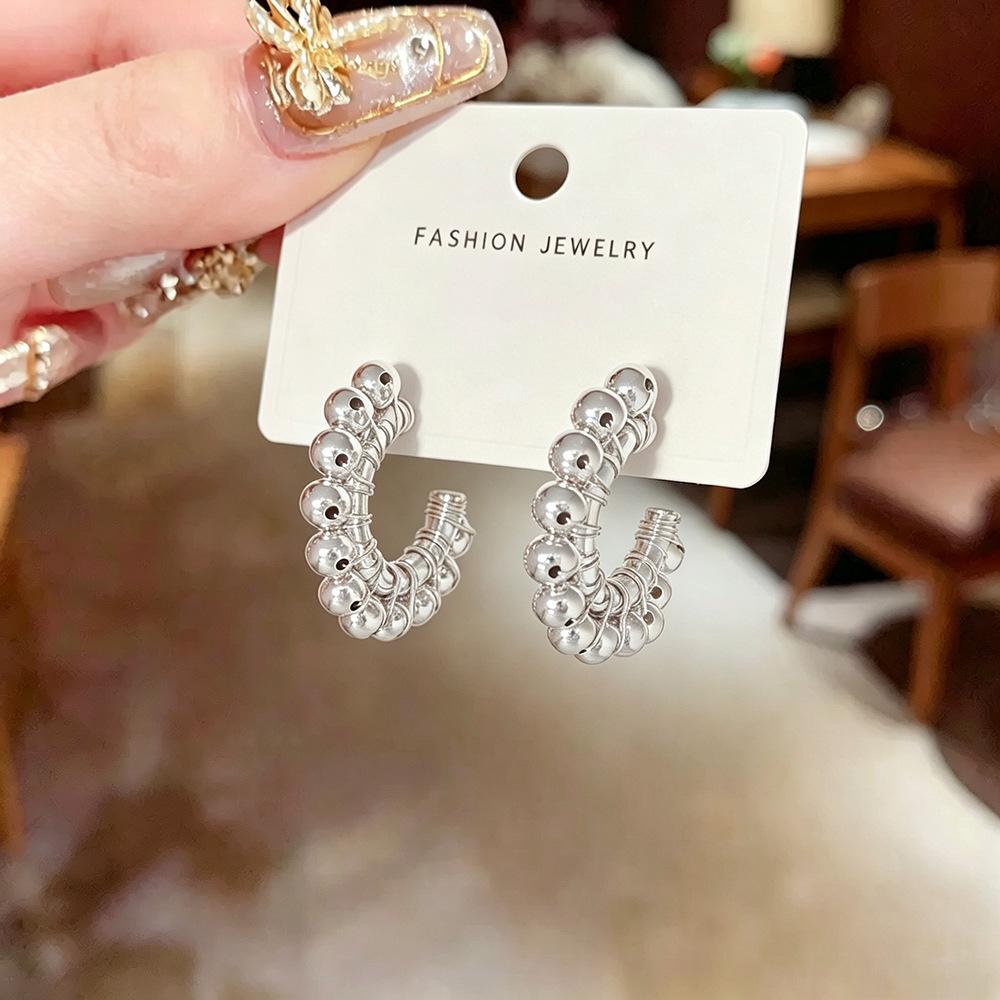 European and American Luxury Beaded C-Shape Earrings for Women - Elegant, Exquisite, Unique Design