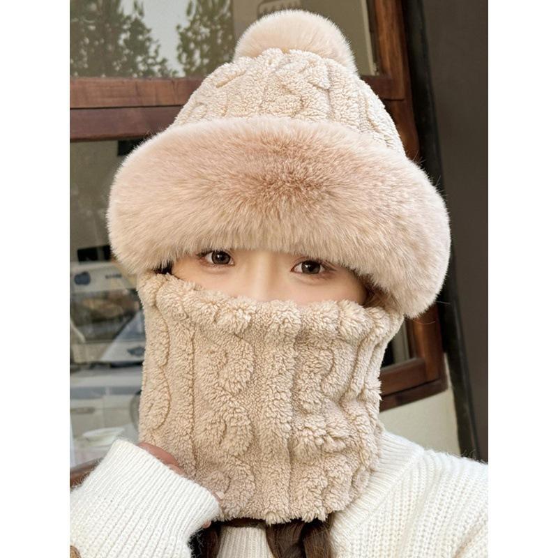 Winter women's outdoor cycling warm scarf mask integrated hat cold protection ear protection thickened plush windproof one-piece
