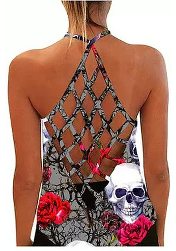 2026 European Summer Plus Size Women s 3D Print Back Cut-out Sleeveless Vest 4XL