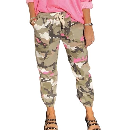 Women Pants Camouflage Print Pockets Elastic Waist Full Length Casual Loose Women