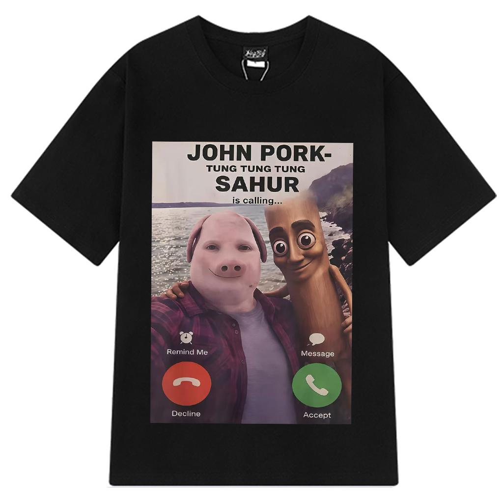 John Pork- Tung Tung Tung Sahur Sta Chiamando Maglietta Meme Divertente Uomo Donna Moda Hip-hop Vintage T-shirt Estiva Cotone T-shirt