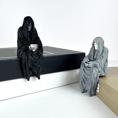 Grim Reaper Statue Halloween Long Robe Sitting Skeleton Figurine Gothic Tabletop Ornament for Home Garden Desktop Bookshelf Decor
