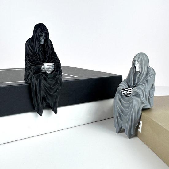 Socha Smrtky Halloween Dlouhá Roucho Sedící Kostlivec Figurka Gotická Stolní Ozdoba pro Domov Zahradu Stolní Počítač Knihovnu Dekorace