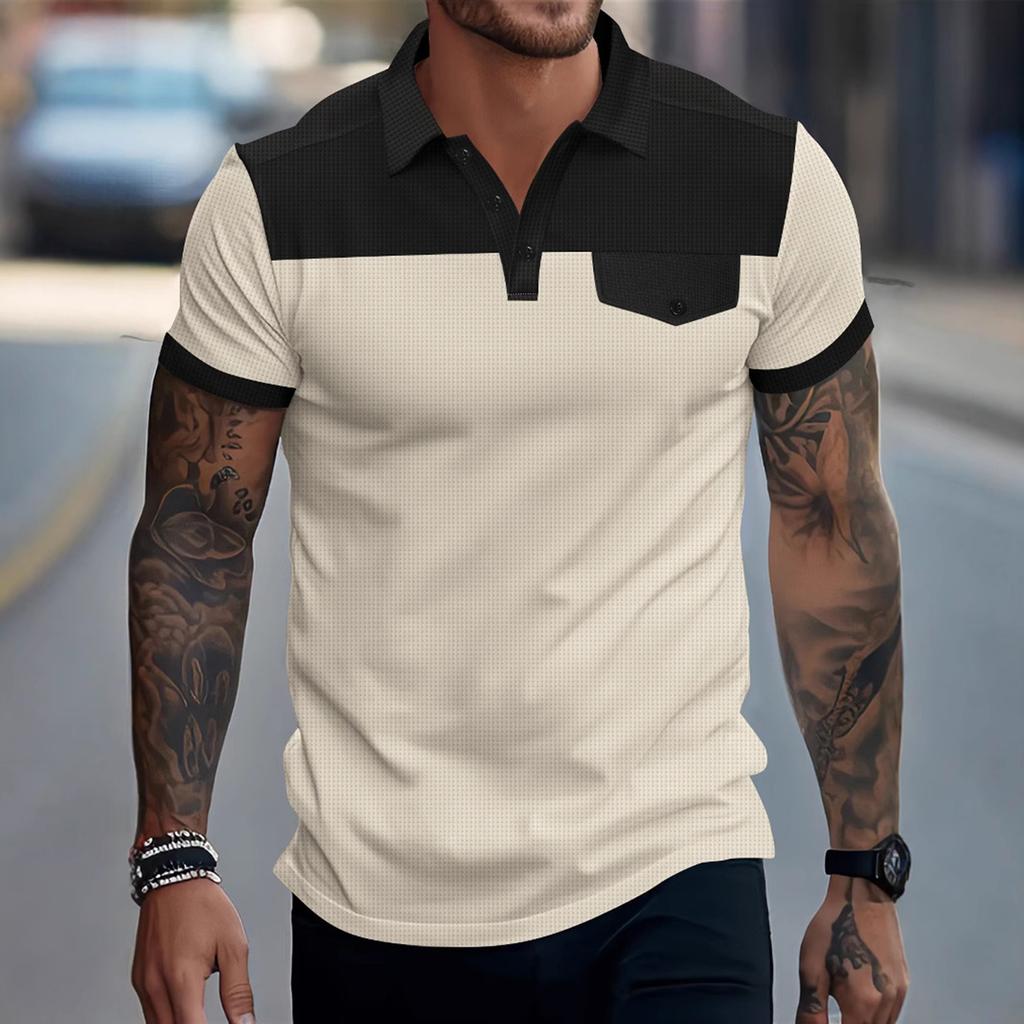 Men's Summer Color-blocked Lapel Pocket Short-sleeve T-shirt Casual Sporty Top