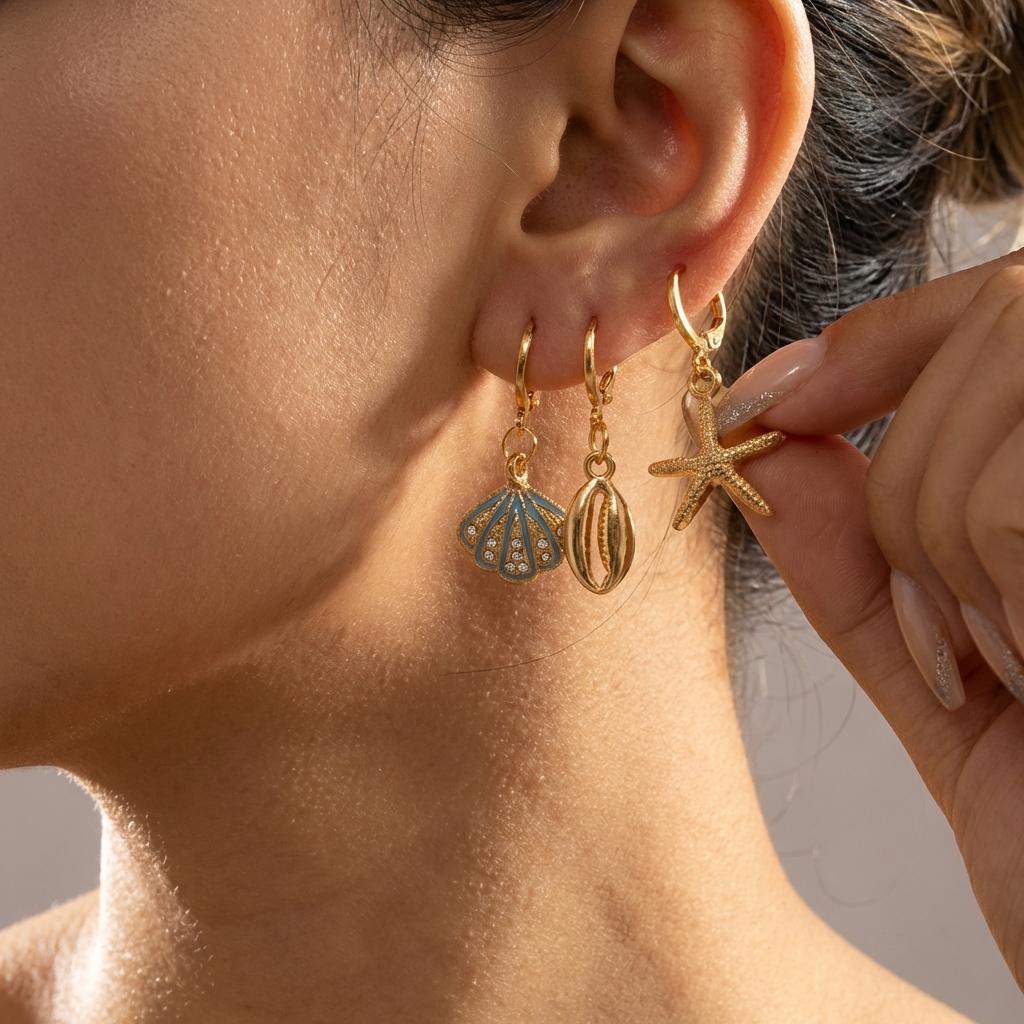 6Pcs Boho Starfish Shell Scallop Earring Set For Women Imitation Pearl Metal Geometric Earring Beach Party Versatile Jewelry